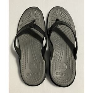 Womens Crocs Flip Flop Sandals Leather Straps Black Gray Size 9